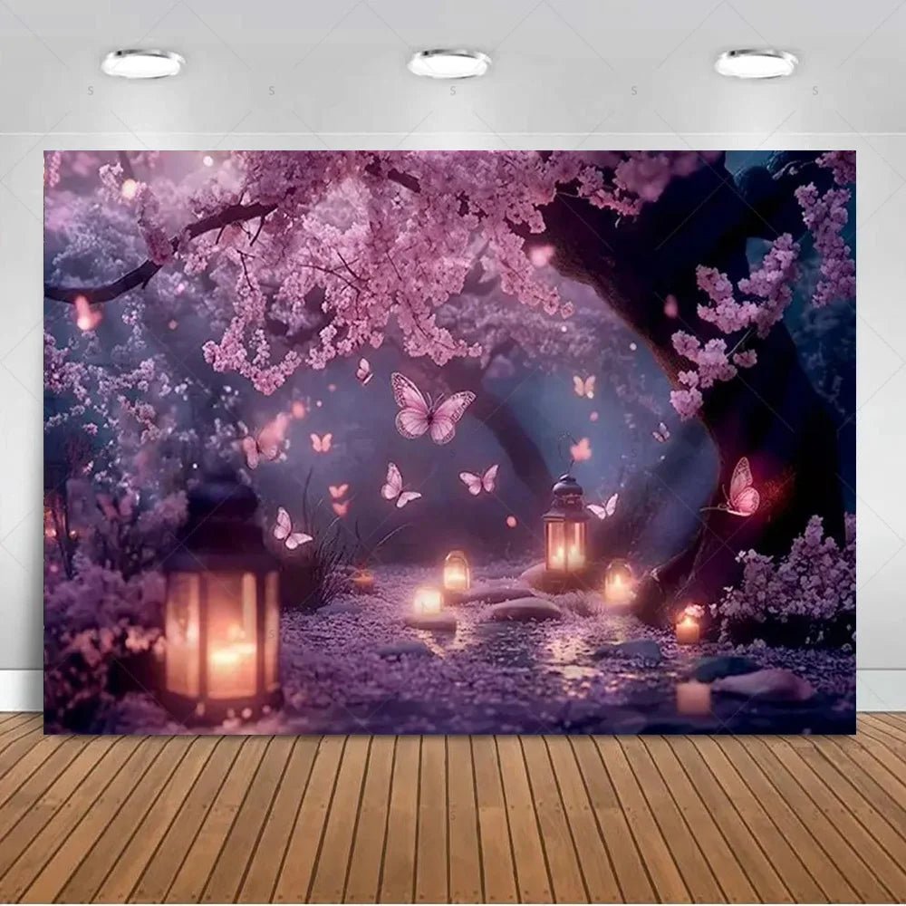 A dark forest scene with pink blossoms and glowing lanterns, featuring butterflies in a dreamy purple light.