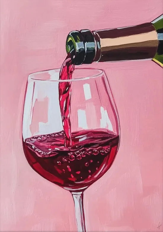 A close-up painting of red wine being poured from a bottle into a glass against a pink background.