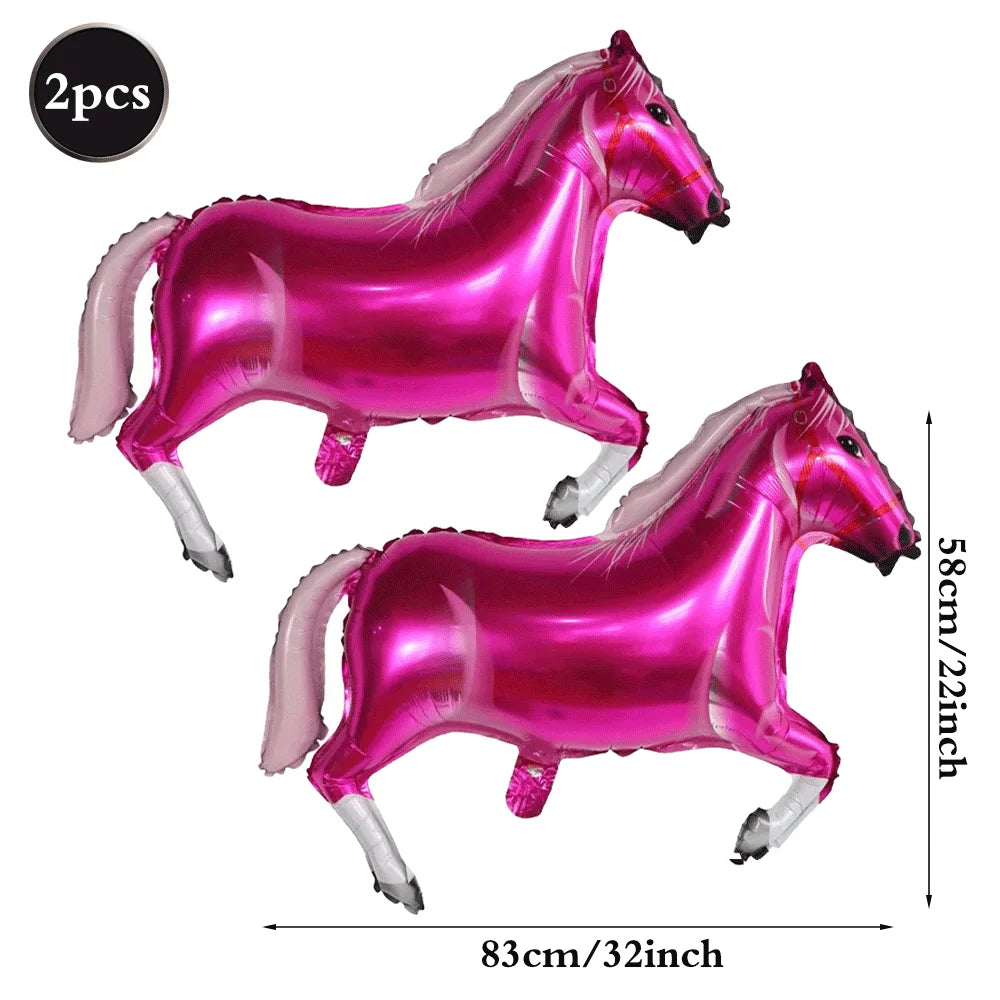 A set of two foil horses in pink and white for a Western theme decoration.