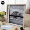 A framed black and white photograph of a bare tree against a cloudy sky, displayed in a white wood grain frame.
