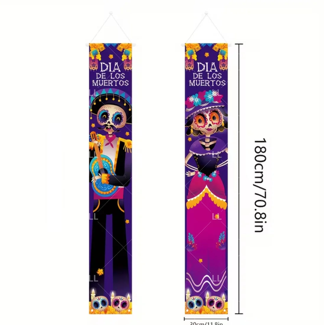 Vertical banner featuring a Mexican skull design with floral motifs for the Day of the Dead celebration