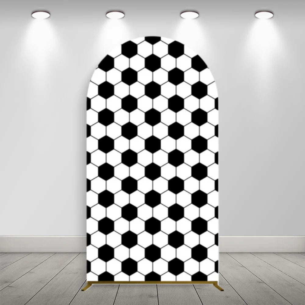 A black and white honeycomb pattern arch backdrop cover for a photo booth