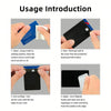 Instructions showing how to apply reusable credit card protection stickers to a card.