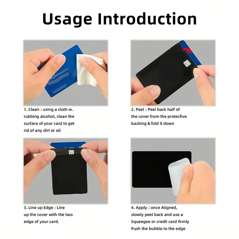Instructions showing how to apply a credit card sticker set by peeling the back and lining up the edge.
