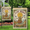 A pair of retro vintage garden flags showing a sun and a snail design, labeled front and back.
