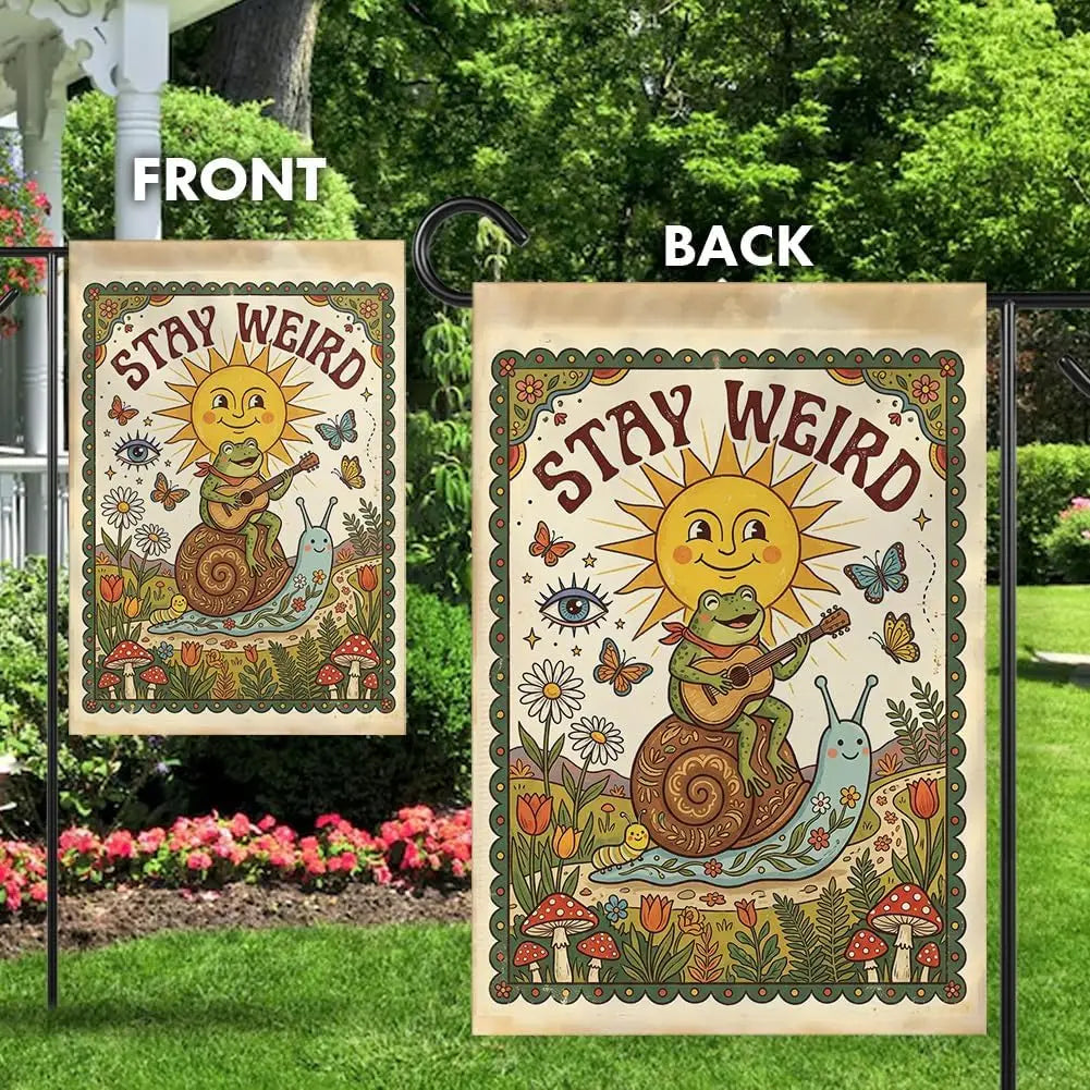 A pair of retro vintage garden flags showing a sun and a snail design, labeled front and back.
