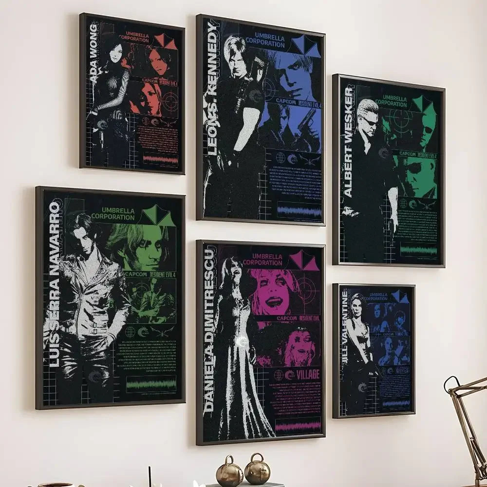 A gallery wall display featuring several posters from the Resident Evil franchise, including Ada Wong and Leon Kennedy.