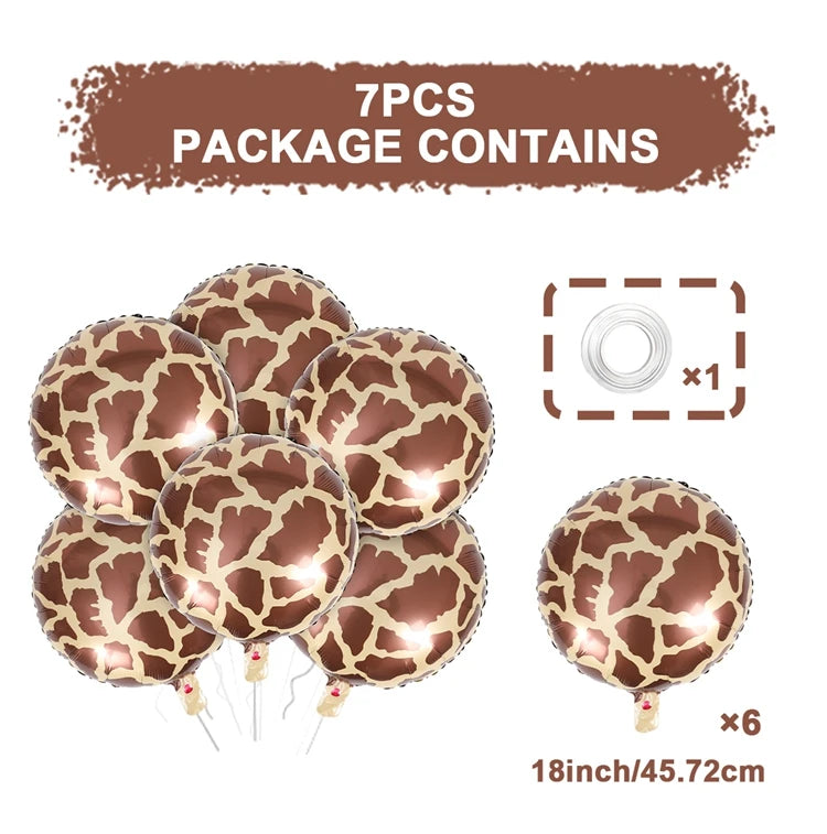 A package containing 7 pieces of gold foil balloons featuring jungle safari cartoon animals like monkeys and tigers.