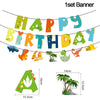 A colorful birthday banner featuring letters spelling HAPPY BIRTHDAY and various dinosaur shapes.
