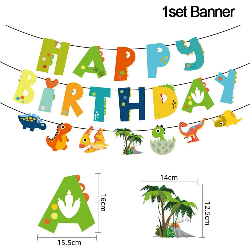 A colorful birthday banner featuring letters spelling HAPPY BIRTHDAY and various dinosaur shapes.