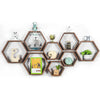 A set of four hexagon wooden floating shelves displaying various decorative items like figurines, a model ship, and clocks.