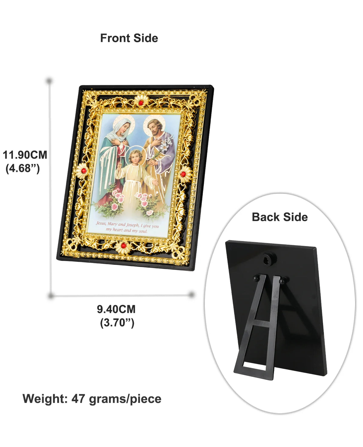 Front and back views of a Catholic Holy Family icon featuring Jesus, Mary, Joseph, and St. Michael.