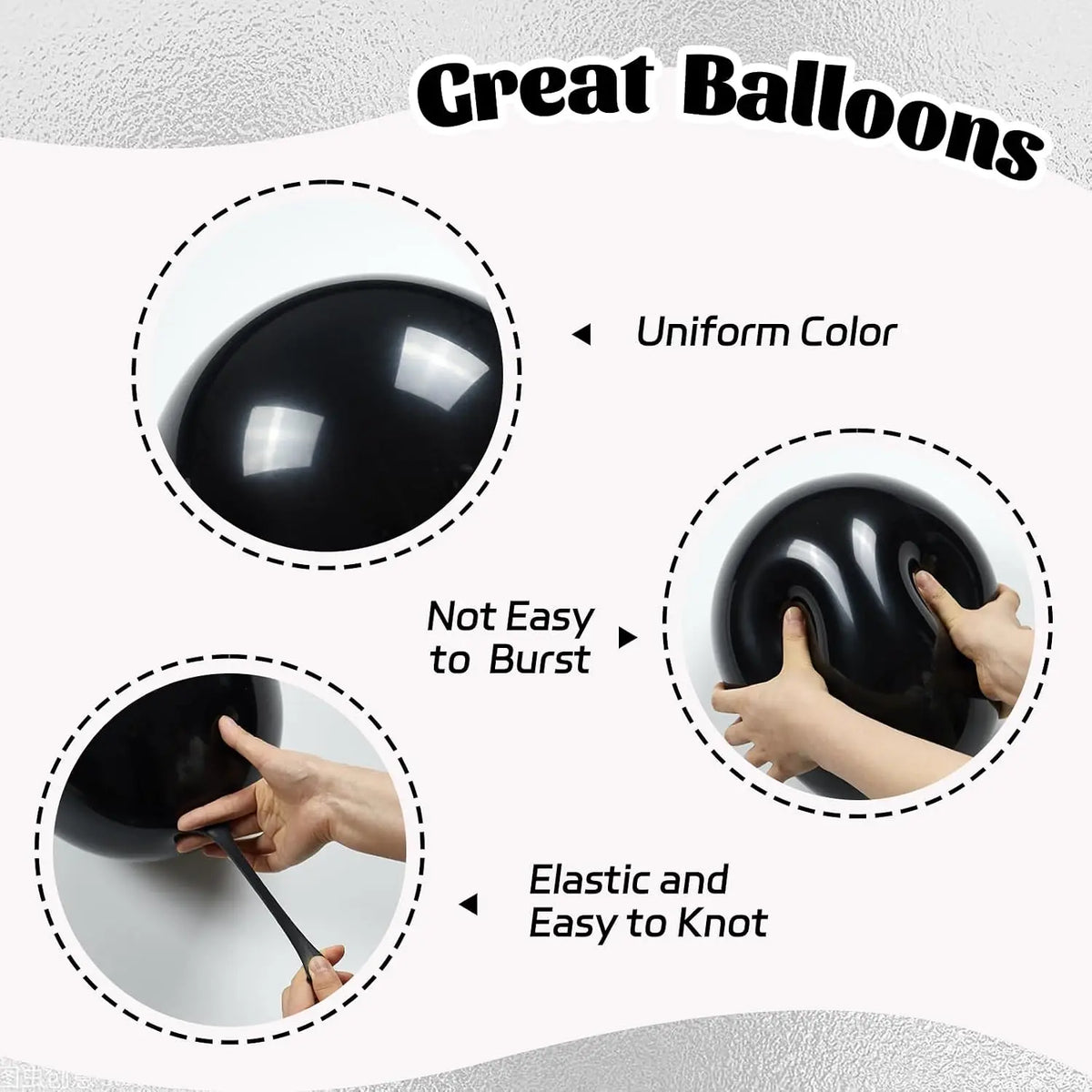 A set of elegant black balloons demonstrating uniform color, resistance to bursting, and elasticity for knotting.