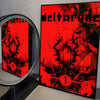 A poster featuring intense red and black abstract artwork related to Deltarune