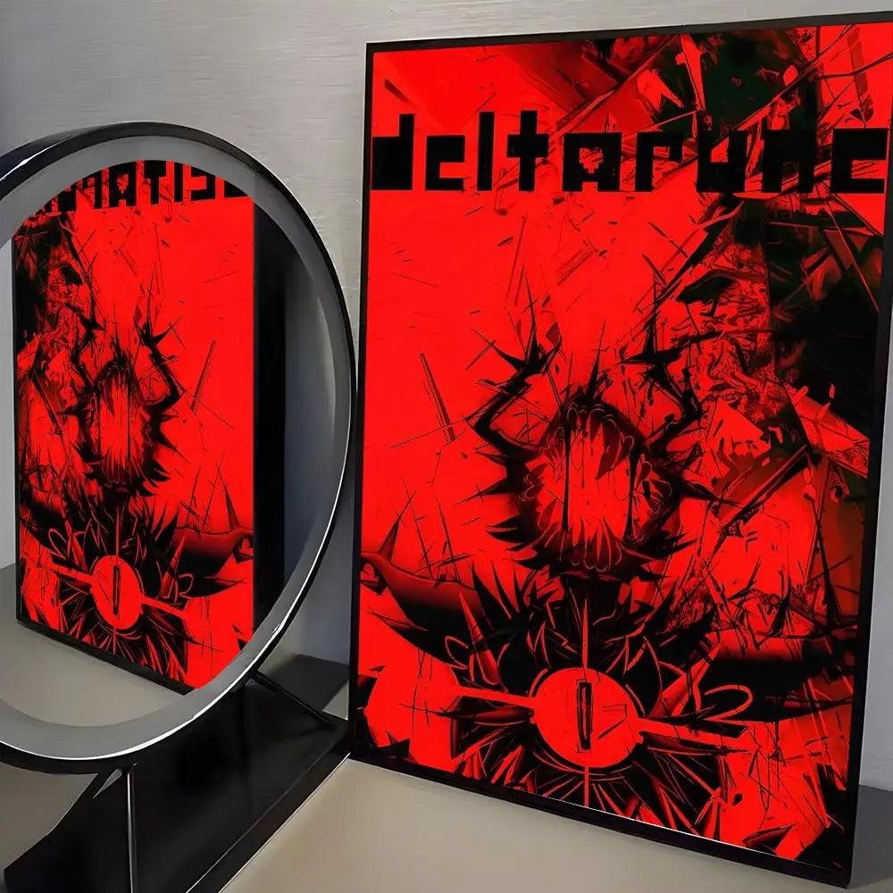 A poster featuring intense red and black abstract artwork related to Deltarune