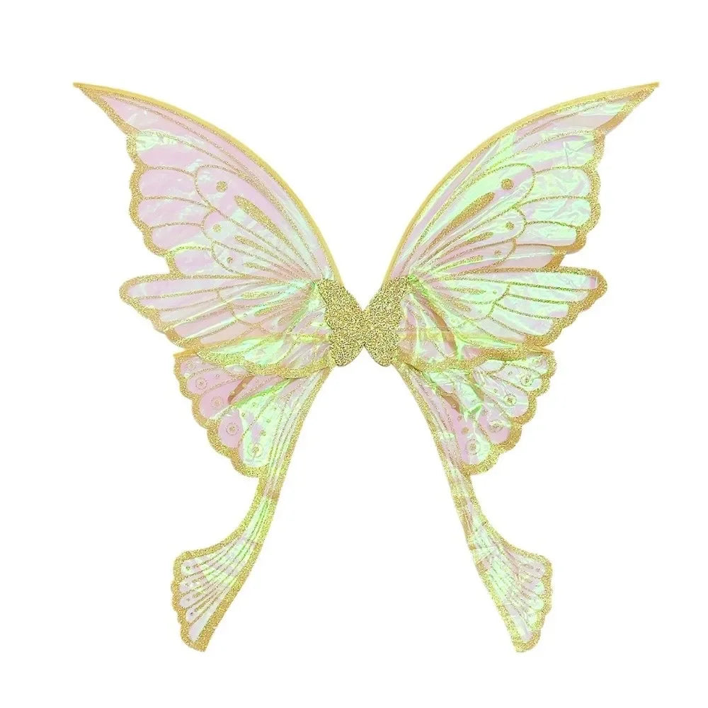 Sparkling fairy wings costume set featuring iridescent pink and green wings with a gold glitter finish.