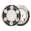 A commemorative coin featuring various pieces of armor like a sword helmet and shield.