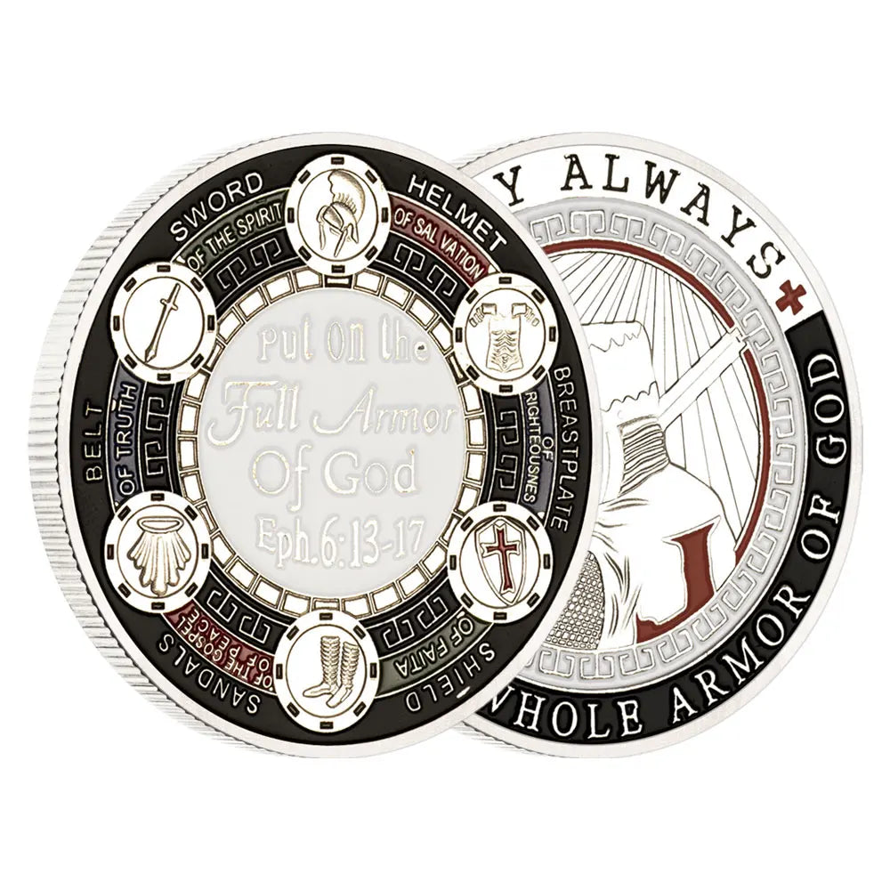 A commemorative coin featuring various pieces of armor like a sword helmet and shield.