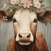 A close-up painting of a Highland cow with a floral wreath on its head, rendered in earthy tones.