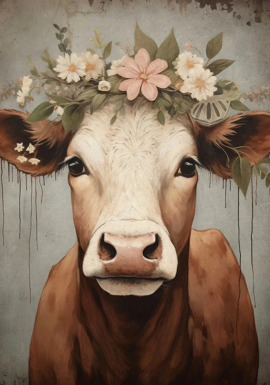 A close-up painting of a Highland cow with a floral wreath on its head, rendered in earthy tones.