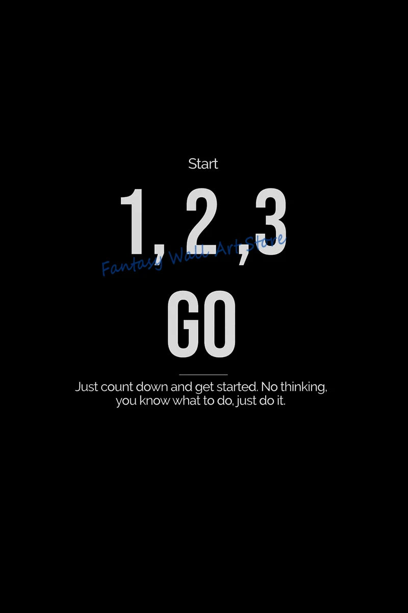 A black screen with white text showing a countdown 1, 2, 3, and GO, followed by the instruction to just count down and get st