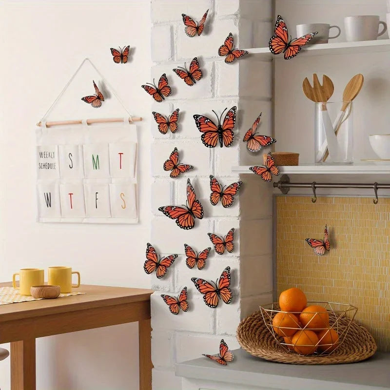 A white brick wall decorated with twelve orange and black monarch butterfly decals.
