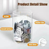 A transparent acrylic jar filled with various banknotes and coins, demonstrating a smooth surface and regular edge.