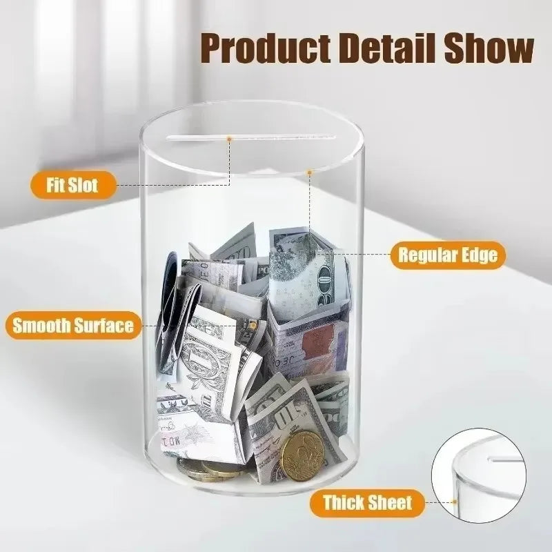 A transparent acrylic jar filled with various banknotes and coins, demonstrating a smooth surface and regular edge.