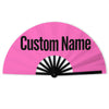 Pink folding fan with a sunburst design and the text Custom Name printed on it.