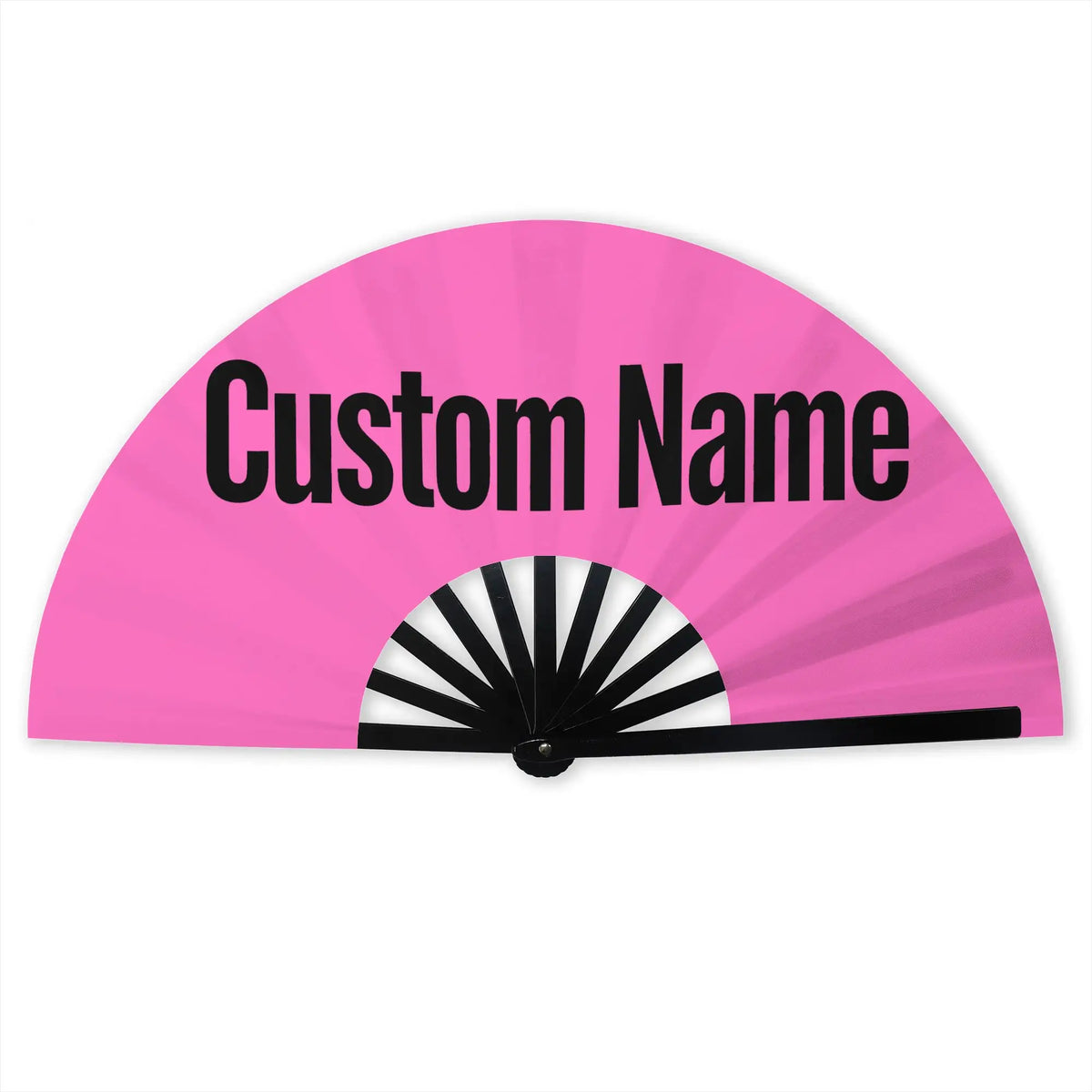 Pink folding fan with a sunburst design and the text Custom Name printed on it.