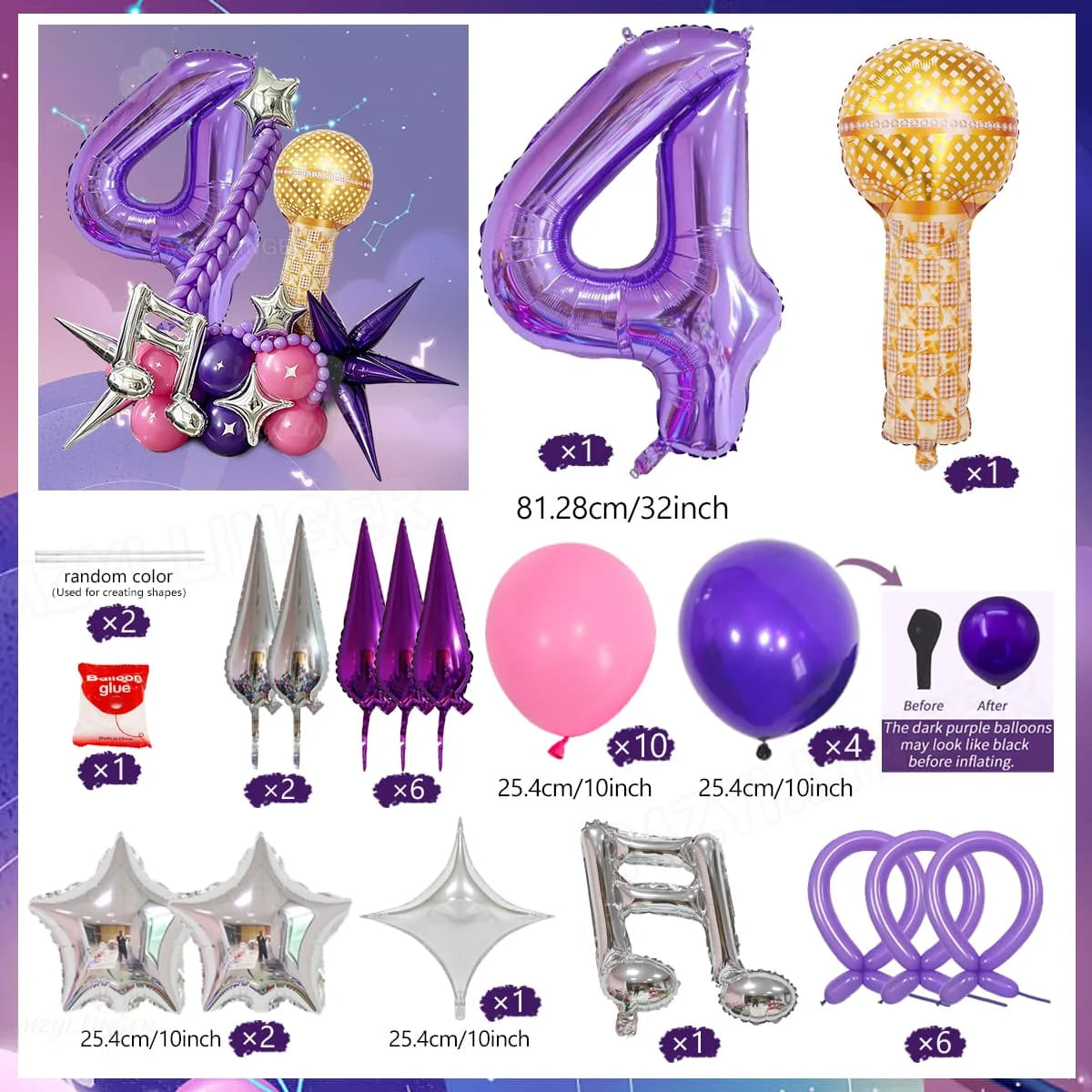 A set of decorative balloons including a purple number four, a gold balloon, and various star-shaped and heart-shaped balloon