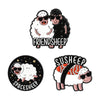 A set of enamel pins featuring cartoon cat designs with rude middle finger and daisy flower motifs.