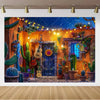 A vibrant backdrop banner featuring a Mexican carnival theme with cacti, colorful flowers, and warm lighting.