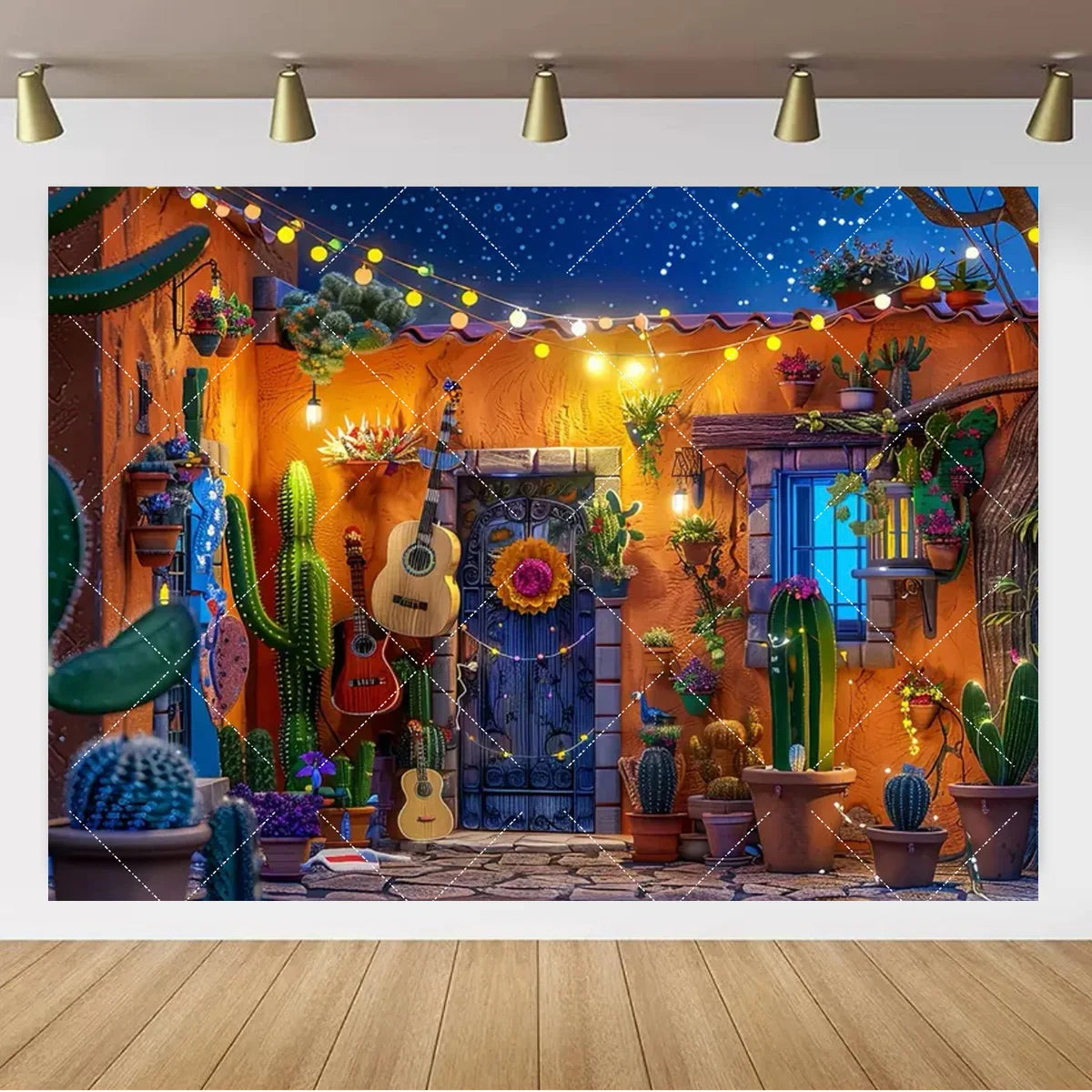 A vibrant backdrop banner featuring a Mexican carnival theme with cacti, colorful flowers, and warm lighting.