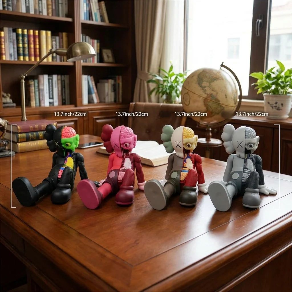 A set of five colorful Kawaii bear figurines in various poses displayed on a wooden desk.