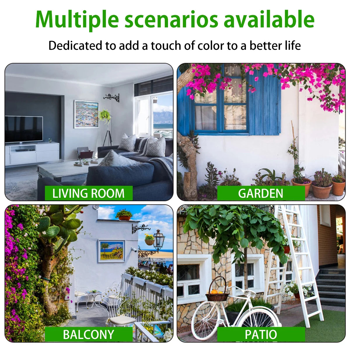 Multiple scenarios showing vintage iron wall hooks for plant and garden decor in a living room, garden, balcony, and patio.