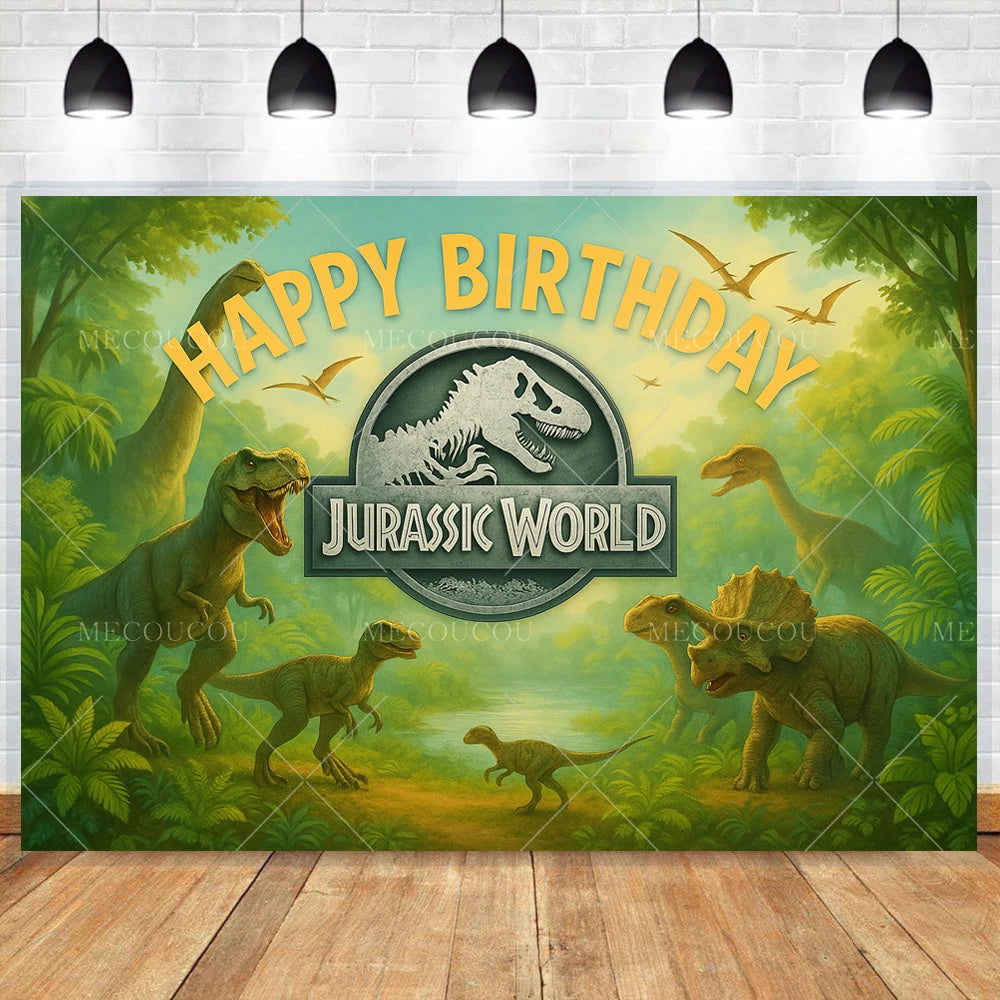 A vibrant green dinosaur theme birthday backdrop banner featuring various dinosaurs and jungle foliage.
