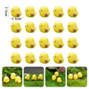 A set of yellow resin mini mushroom figurines shown in various close-up shots on green foliage.
