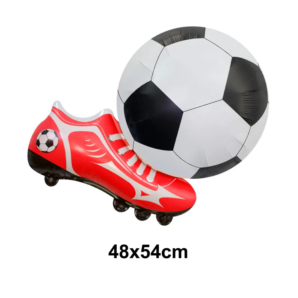 A red and white soccer-themed boot is shown next to a black and white inflatable soccer ball.