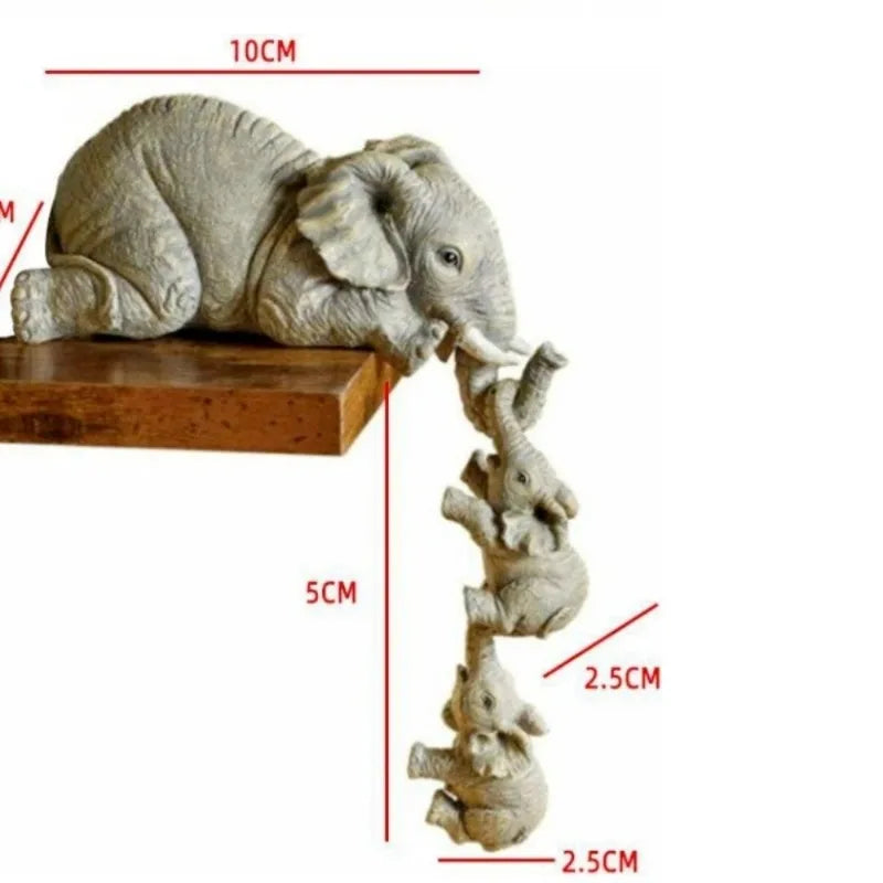 A resin figurine set of a cute elephant hugging a baby, displayed on a wooden base.