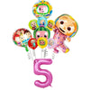 A set of cartoon Cocomelon watermelon foil balloons featuring characters and the number five.