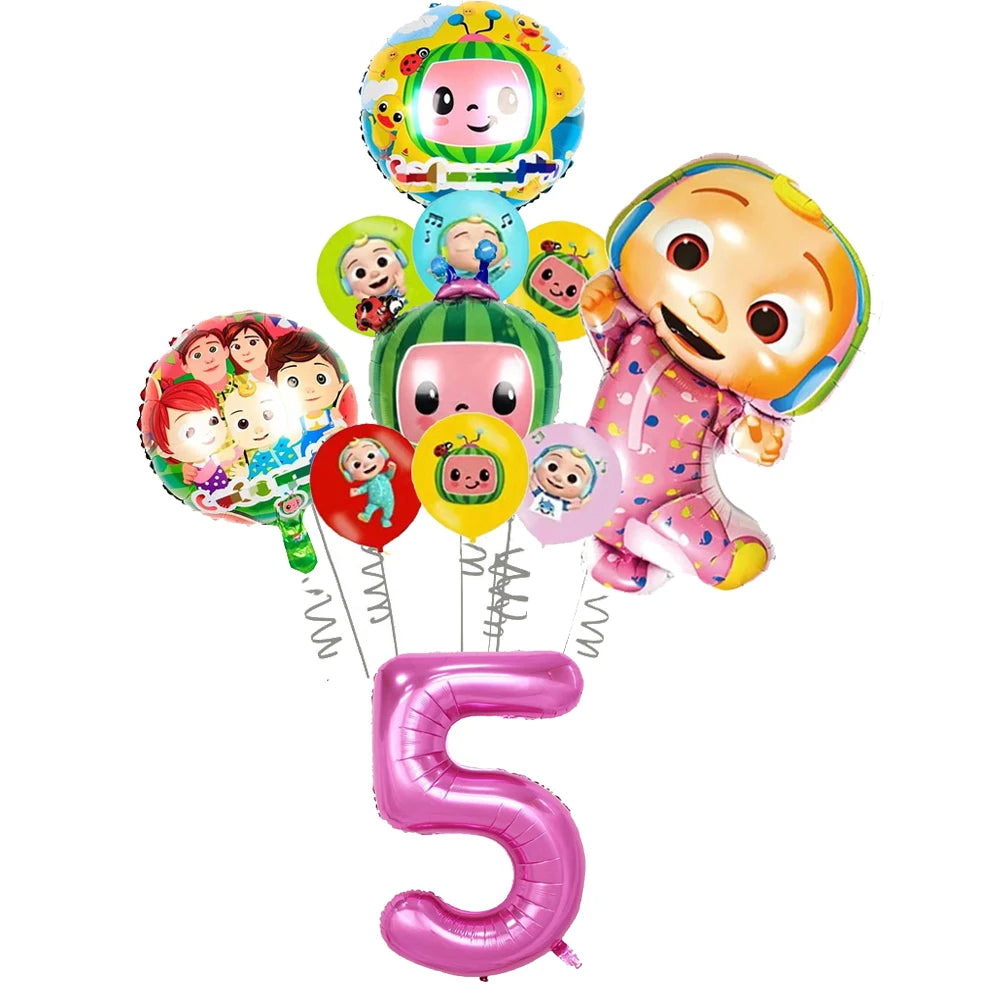 A set of cartoon Cocomelon watermelon foil balloons featuring characters and the number five.