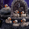 A collection of resin skull duck figurines displayed in a rustic wooden door setting.