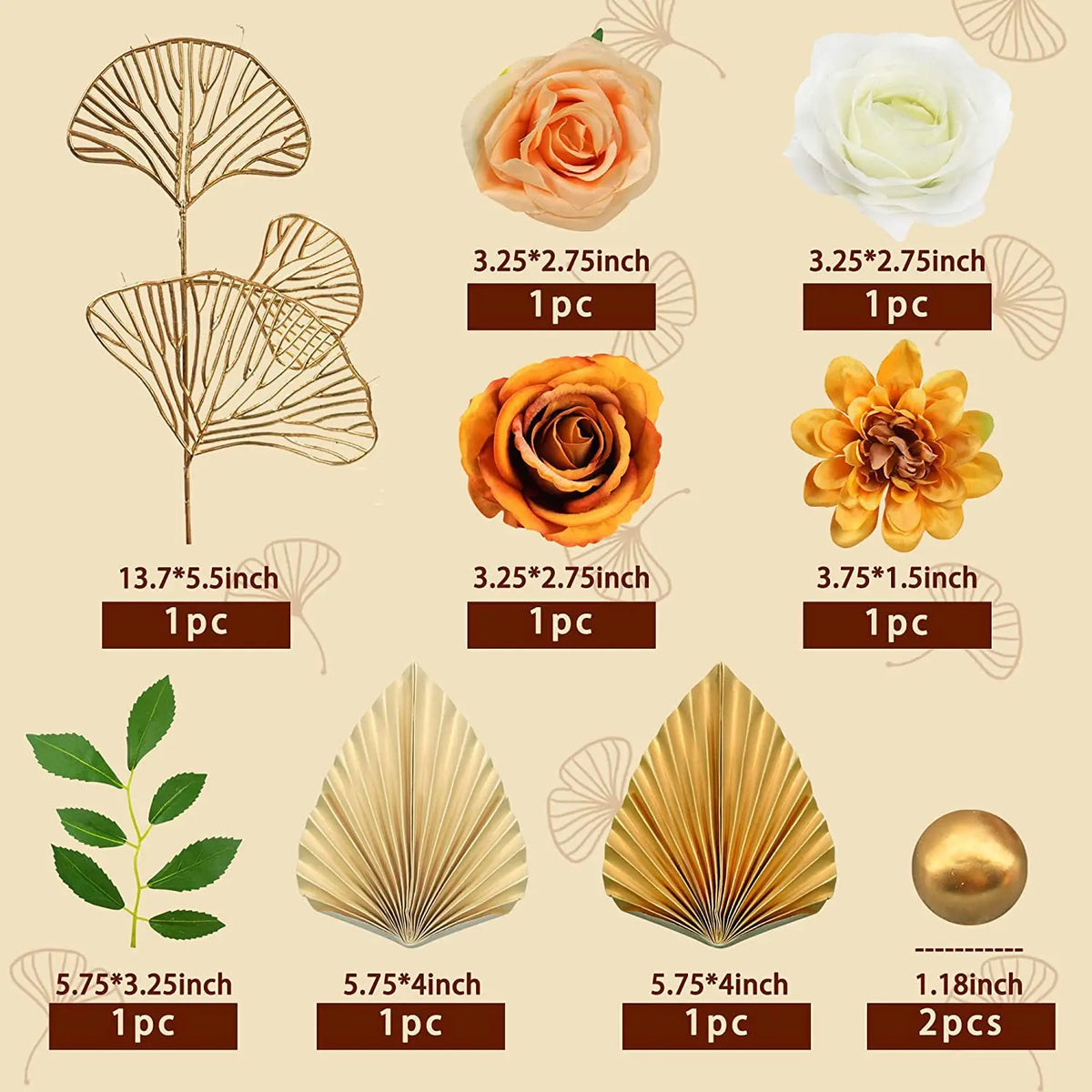 A set of golden palm leaf cake toppers featuring various floral and leaf designs in different sizes.