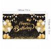 A decorative banner featuring black and gold balloons, confetti, and a golden crown for a birthday celebration.