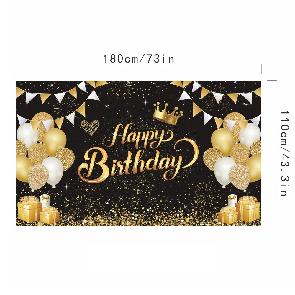 A decorative banner featuring black and gold balloons, confetti, and a golden crown for a birthday celebration.