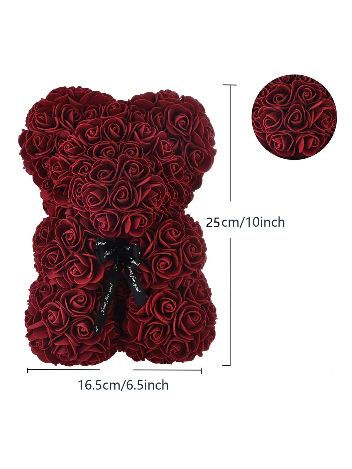 Tiefrote künstliche Rosen-Teddybär mit schwarzer Schleife, in voller Ansicht und kreisförmige Details.