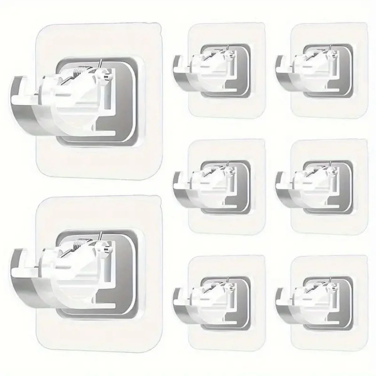 Multiple views of self-adhesive curtain rod holders designed for no-drill installation.