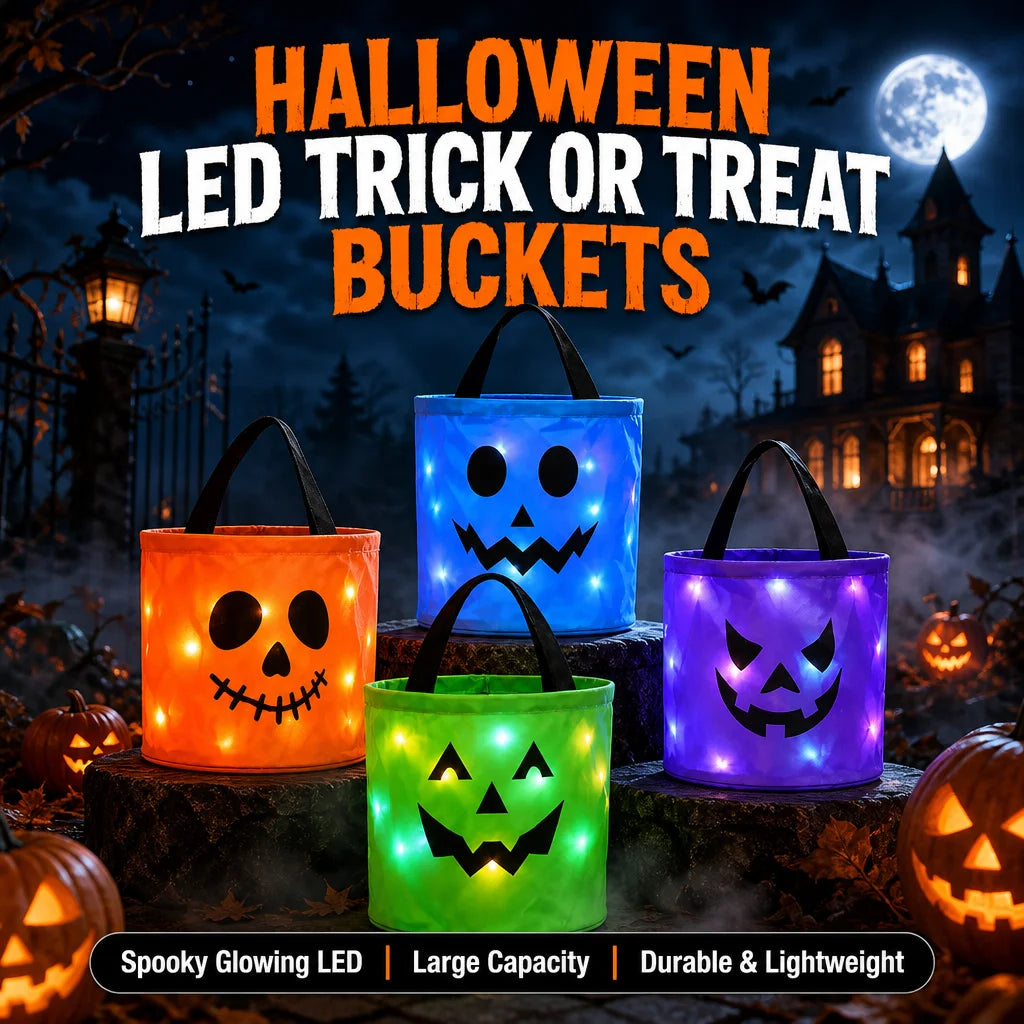 Halloween led trick or treat buckets glowing orange, blue, and purple with spooky faces