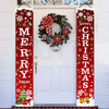 A festive Christmas banner set featuring red and white designs with snowflakes and greenery decorating a white door.